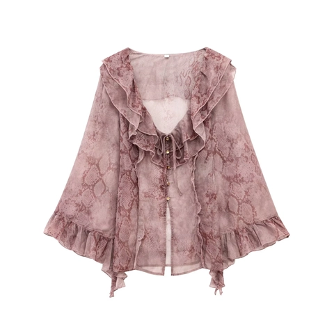 Chiffon Blouse Met Slangenprint Dames Ruches V-Hals Strikje Lange Mouwen Dierenpatroon Mode Elegante Tops