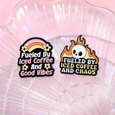 Funny Iced Coffee Slogan Enamel Pin Set Alloy Brooch Good Vibes True Crime Chaos Sarcasm Badge For Jackets Backpacks