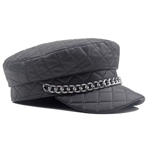 Doorgestikte PU Leren Newsboy Pet Voor Dames Met Metalen Ketting Vintage Baker Boy Pet Modieuze Marinier Pet