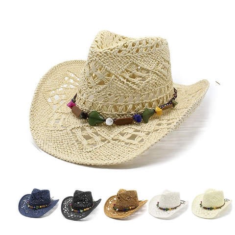 Retro Stro Cowboyhoed Ademend Papier Zonwering Strand Vakantie Met Gekleurde Stenen Kralen Boheemse Stijl Voor Dames Heren