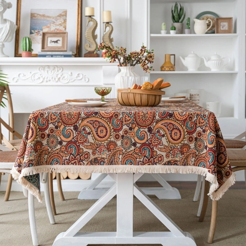 Amerikaans Vintage Paisley Bloemen Tafelkleed Rechthoekig Dik Katoen Linnen Jacquard Tafelkleed met Kwastjes Boheems Decoratief Tafelkleed