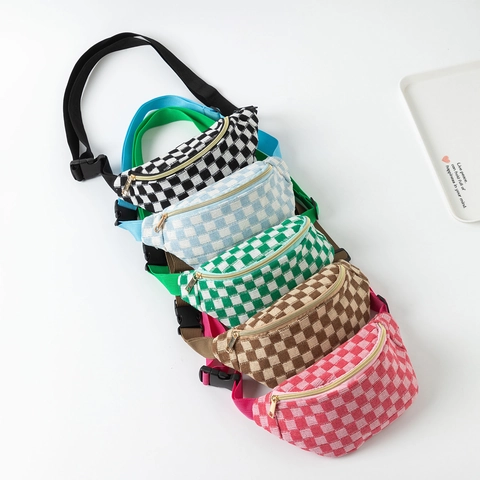 Checkerboard Knitted Waist Bag Adjustable Strap Woven Casual Chest Bag For Women Sport Travel Portable