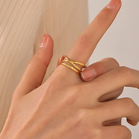 Anillo Cruzado De Capas Acero Inoxidable Chapado En Oro De 18K Banda Abierta Ajustable Líneas Múltiples Joyería Para Mujer