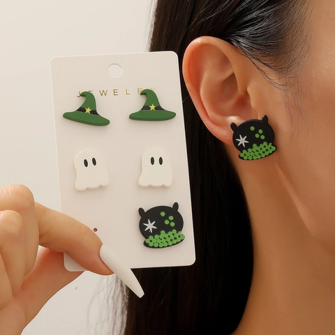 Halloween Gothic Acrylic Skull Bat Drop Earrings For Women Funny Cauldron Ghost Witch Hat Stud Earrings Party Jewelry Gift