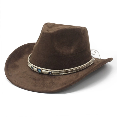 Western Cowboy Hat Fedora Faux Suede Wide Brim With Evil Eye Beaded Braided Band Boho Ethnic Style Men Women