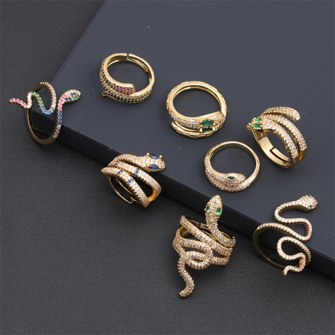 Serpent Snake Ring Copper Zircon Colorful Enamel Drip Oil Adjustable Open Ring Fashion Jewelry For Women