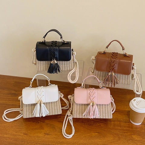 Damen Stroh Patchwork Umhängetasche Mit PU Leder Quaste Böhmisch Seil Riemen Umhängetasche Sommer Strand Handtasche