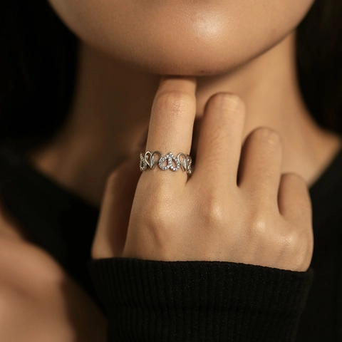 Anello Aperto a Cuore Cavo in Argento Sterling S925 per Donna Gioiello Regolabile Intarsiato con Zirconia a Forma di Cuore