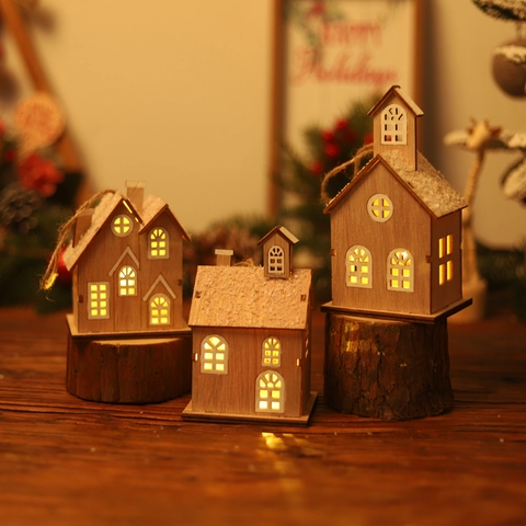Weihnachten Glühendes Holzhaus LED Leuchtendes Schneehütte Hängendes Ornament Für Tisch Party Weihnachtsbaum Deko