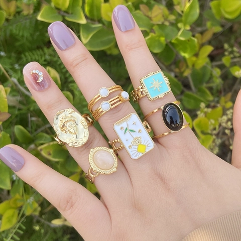 Vintage Tarot Sonne Stern Verstellbarer Ring Edelstahl Vergoldet Emaille Geometrischer Ästhetischer Schmuck Damen