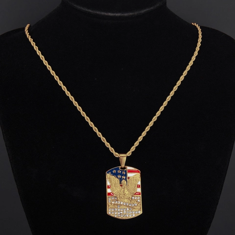 Men Hip Hop Pendant Necklace Alloy Rhinestone Enamel American Flag Bald Eagle Patriotic Jewelry Accessory For Him