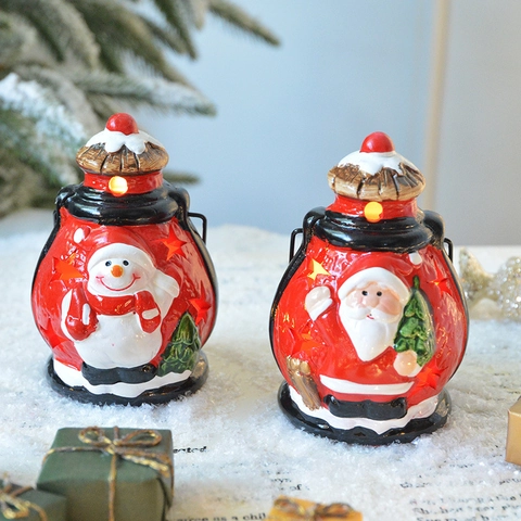 Farol LED Navidad Adorno Cerámica Papá Noel Muñeco De Nieve Globo Aerostático Luminoso Decoración De Mesa Festiva