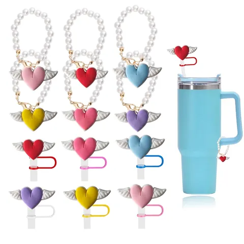 Silicone Winged Heart Straw Topper Cover With Artificial Pearl Chain Tumbler Charm For Drinking Cup Dust Proof Decorative Accessories