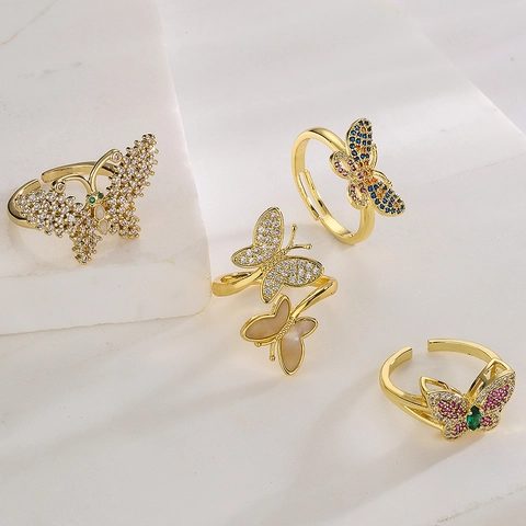 Anillo Abierto Ajustable Mariposa Cobre Chapado En Oro De 18K Micro Pave Circón Concha Joyería Geométrica Para Mujer Diseño De Nicho