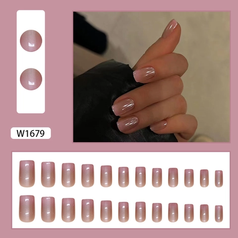 Short Square Round Shape Artificial Fake Nails Gradient Mirror Effect Cat Eye Luster Simple Style For Women W1679