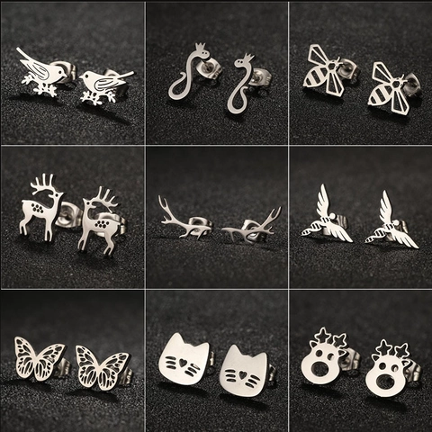 Pendientes De Animales De Acero Inoxidable Pequeños Minimalistas Huecos Abeja Pájaro Ciervo Mariposa Gato DNA Joyas Mujer