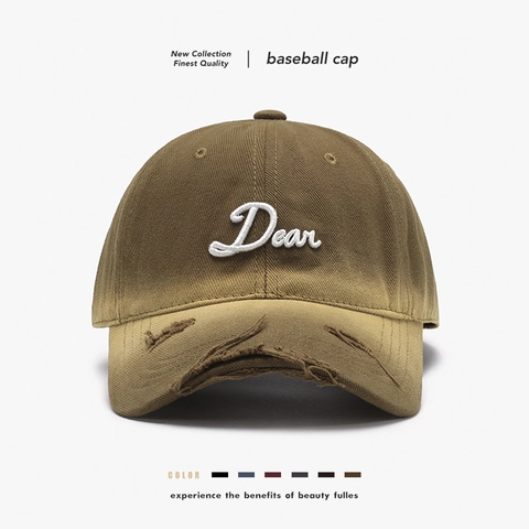 Retro Distressed Baseball Cap Gradient Cotton Ripped Curved Brim Dear Letter Embroidery Adjustable Sun Hat Unisex Vintage