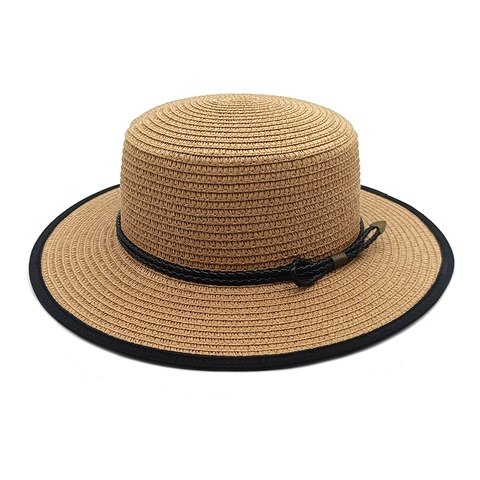 Cappello Paglia Boater Donna Testa Piatta Tesa Larga Protezione Solare Estate Spiaggia Moda Banda Intrecciata Elegante