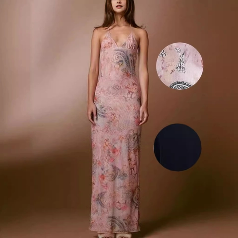 Vestito Maxi In Rete Doppio Strato Sexy Vestibilità Aderente Scollo A V Schiena Scoperta Ricamo Farfalla Stampa Floreale