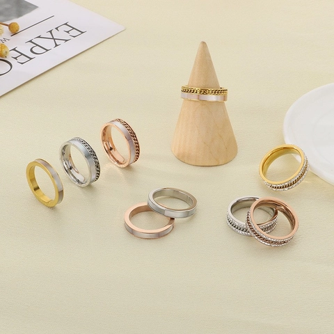 Fashion Ring Stainless Steel For Women Geometric Multi Layer Chain Link Design Inlaid Rhinestone Mother Of Artificial Pearl Shell