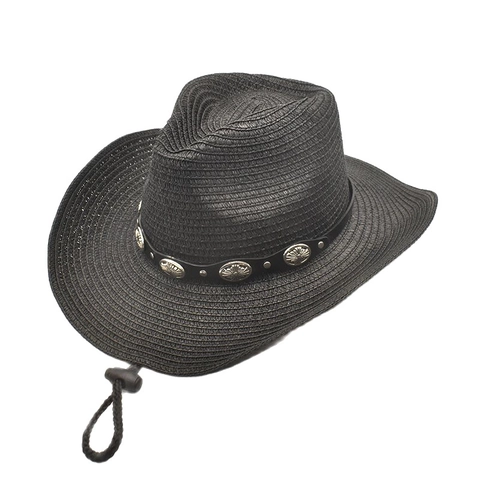 Cappello Da Cowboy In Paglia Intrecciata Tesa Larga Curva Protezione Solare Con Fascia In Ecopelle Fibbia In Metallo