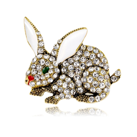 Cute Gold Alloy Rhinestone Rabbit Brooch For Women Cartoon Animal Enamel Drip Pin Clothing Accessories Jewelry Gift