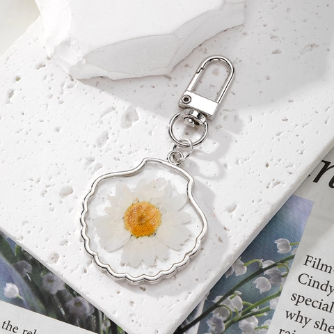 Llavero De Flores Secas Reales Resina Transparente Colgante Forma Concha Hoja Adorno De Bolso Regalo Estilo Pastoral