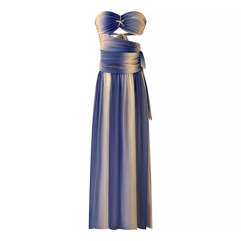 Women Sexy Gradient Mesh Maxi Dress Strapless Hollow Out Starfish Decoration Vacation Elegant Long Gown