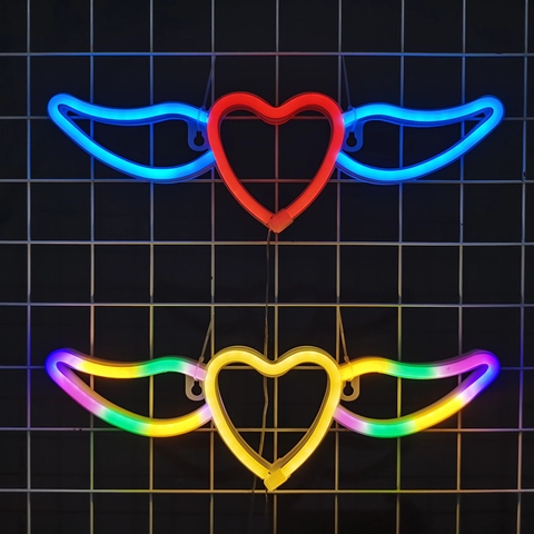 LED Neon Sign Heart With Wings Plastic Battery USB Powered Bedroom Wall Decor Aesthetic Hanging Light