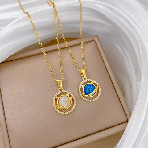 Collana Con Ciondolo Gatto Pianeta Placcata Oro Catena In Acciaio Inossidabile Rame Finto Opale Zirconia Gioielli Celesti Per Donne