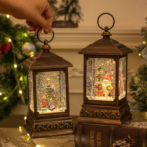 Weihnachts Schneekugel Laterne Bronze Vintage LED Leuchtend Glitzer Nikolaus Baum Dekorative Tischlampe Festlich Geschenk