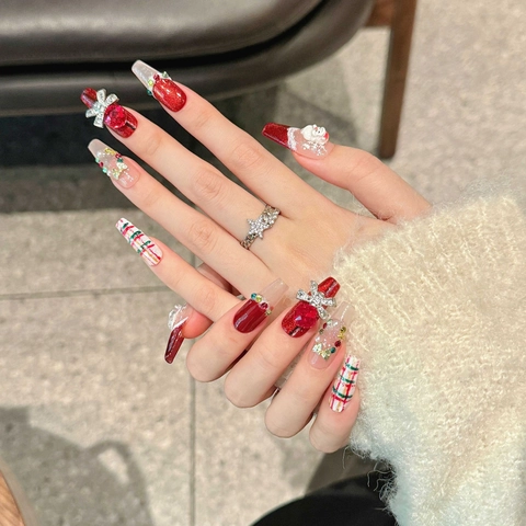 Kerst Plaknagels Lange Doodskistvorm Kerstman 3D Strik Rijnstenen Rood Wit Handgemaakt Feestelijk Manicure Vrouwen