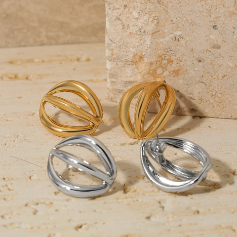 Hollow Stainless Steel Stud Earrings Modern Geometric Multi Layer Polished Elegant Jewelry For Women