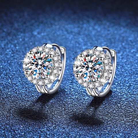 925 Sterling Silver Moissanite Hoop Earrings Round Halo Huggie Dainty Jewelry For Women Elegant Sparkling