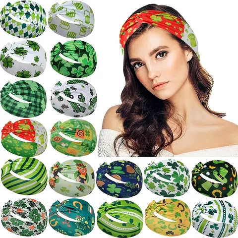 Women St Patrick Day Headband Elastic Polyester Twist Knot Hair Band Shamrock Clover Print Irish Party Yoga Sports Sweat Wicking Accessory