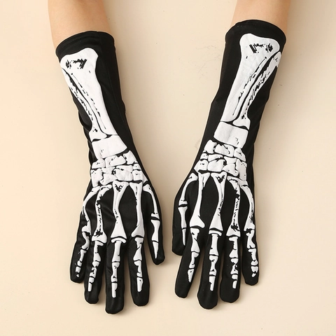 Gants Longs Squelette Halloween Impression Os En Mousse Polyester Élastique Manches De Costume Pour Bal Masqué Cosplay