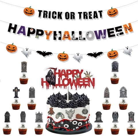 Halloween Party Dekorationen Papier Gruselige Blutmesser Grabstein Geist Banner Und Tortenaufsatz Spukhaus Horror Heimdekoration