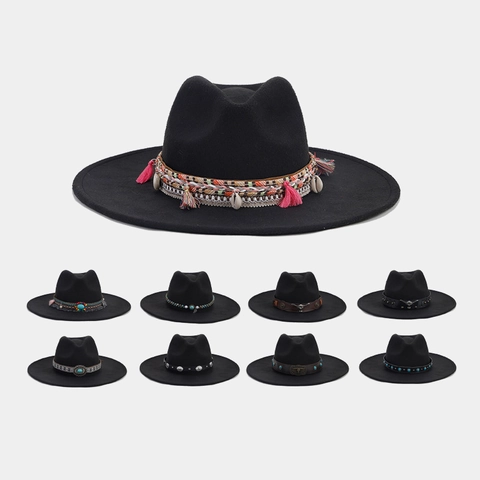 Sombrero Fedora Retro De Ala Ancha Para Mujer Estilo Vaquero Occidental Con Banda Étnica Borlas De Concha Turquesa Moda