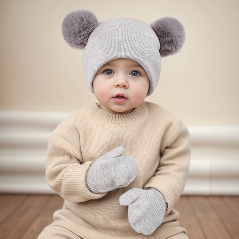 Bonnet Et Moufles D'Hiver Pour Bébé En Tricot Acrylique Double Pompons Protection Des Oreilles Style Mignon