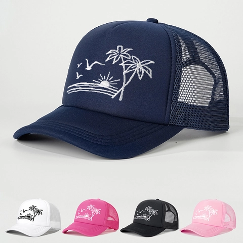 Casquette Trucker Filet Respirante Ajustable Protection Solaire Broderie Coucher De Soleil Cocotier Style Plage Tropicale Outdoor