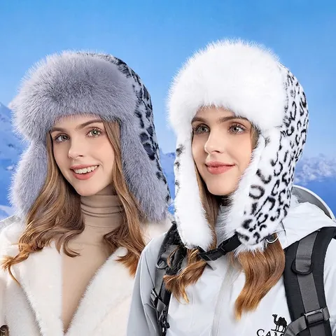 Sombrero De Trampero De Invierno Para Mujer Estampado De Leopardo Piel Sintética Cálido Resistente Al Viento Esquí Al Aire Libre Protección Para Oídos Felpa Gruesa