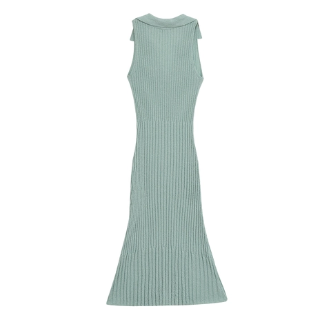 Dames Gebreide Maxi Jurk V-Hals Reverskraag Mouwloos Slim Fit Geribbelte Effen Kleur Saliegroen Elegant Casual
