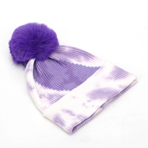 Berretto Invernale Da Donna In Maglia Di Acrilico Tie Dye Pompon In Pelliccia Sintetica Risvolto A Costine Caldo Alla Moda