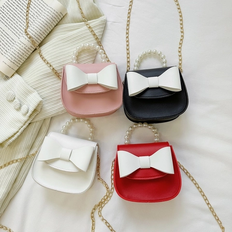 Sac Bandoulière Enfants Douce Princesse Cuir PU Grand Nœud Blanc Poignée Künstliche Perles Chaîne Dorée Pour Petites Filles