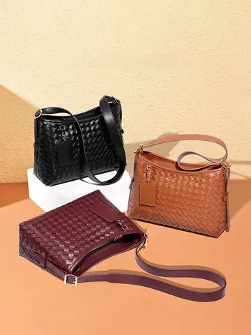 Sac À Épaule En Cuir PU Tressé Et Pochette Assortie Sac À Main Bandoulière Style Français Commuter Pour Femmes