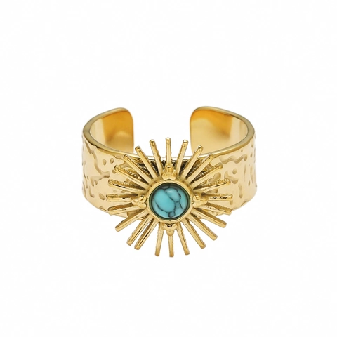 Vintage Turquoise Open Ring Bohemian Sunburst Hammered Titanium Steel Gold Plated Wide Band Adjustable Jewelry For Women
