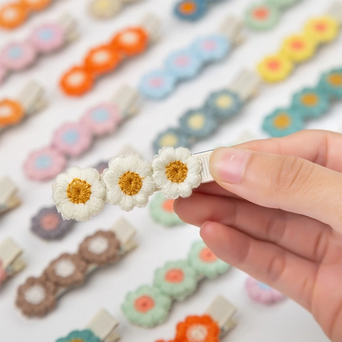 Handmade Embroidery Flower Hair Clips Cotton Fabric Floral Duckbill Side Pins For Toddler Girls Kids Cute Accessories