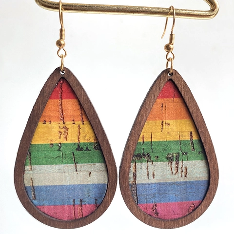 Tropfenohrringe Vintage Holz Und Leder Regenbogen Geometrisches Muster Bohemian Stil Hängende Ohrringe Für Damen