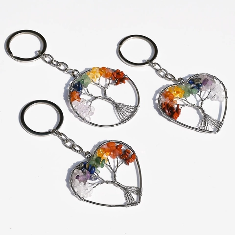 Portachiavi Albero Della Vita Con Pietre Naturali Cristallo Avvolto In Filo Cuore Tondo Forma Chakra Regalo