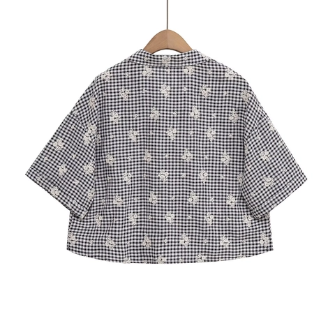 Donna Camicia E Pantaloni Gingham Ricamato Floreale Maniche Corte Bottone Orlo Festonato Casual Streetwear